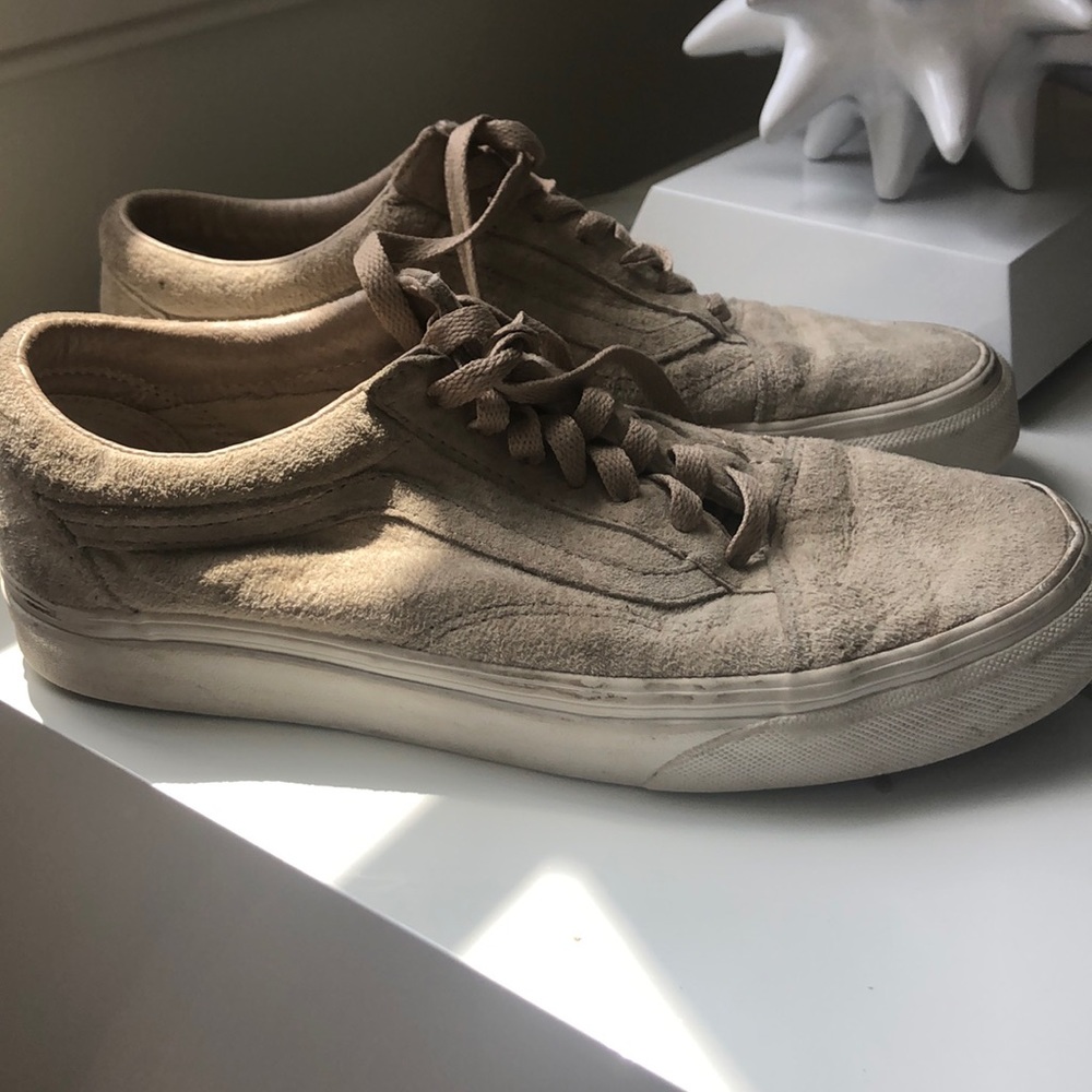 Womens light brown suede Vans shoes.
